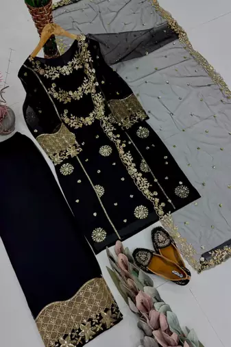 Black faux georgette embroidered palazzo set