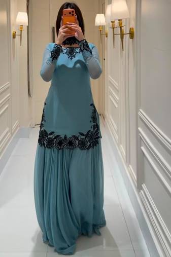 Light-blue faux georgette embroidered sharara set