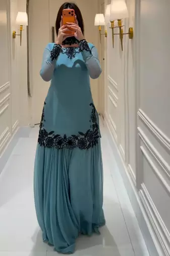 Light-blue faux georgette embroidered sharara set