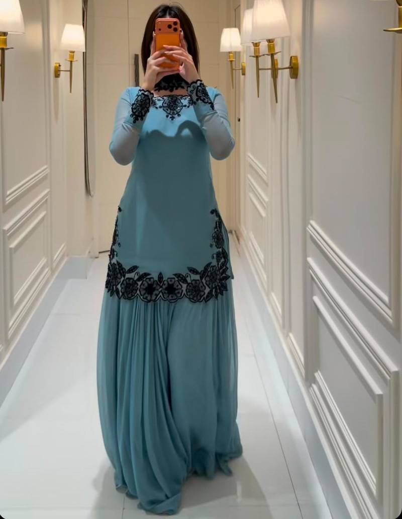 Light-blue faux georgette embroidered sharara set