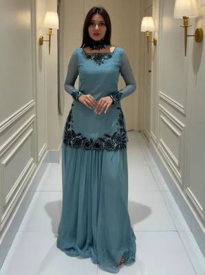 Light-blue faux georgette embroidered sharara set 2