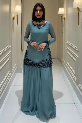 Light-blue faux georgette embroidered sharara set
