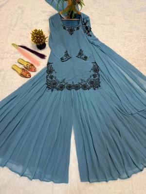 Light-blue faux georgette embroidered sharara set 3