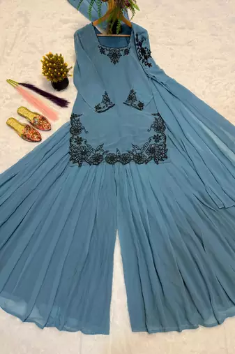 Light-blue faux georgette embroidered sharara set