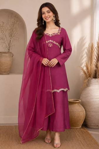 Magenta silk blend embroidered palazzo set