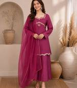 Magenta silk blend embroidered palazzo set