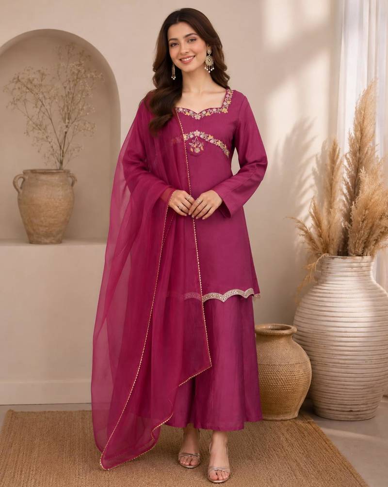 Magenta silk blend embroidered palazzo set