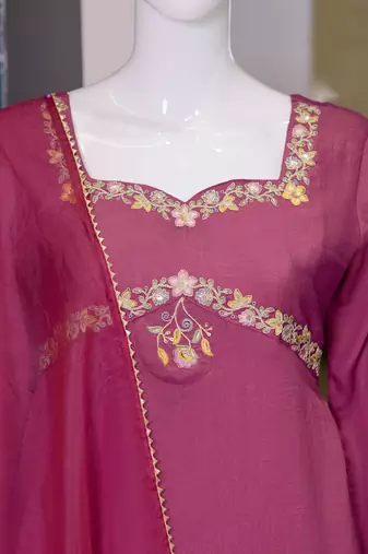 Magenta silk blend embroidered palazzo set