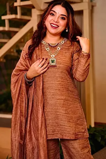 Brown silk blend embroidered palazzo set