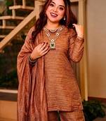 Brown silk blend embroidered palazzo set