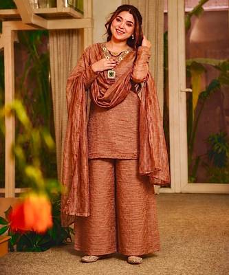 Brown silk blend embroidered palazzo set 2