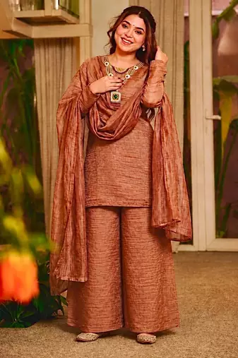 Brown silk blend embroidered palazzo set