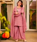 Pink silk blend embroidered palazzo set