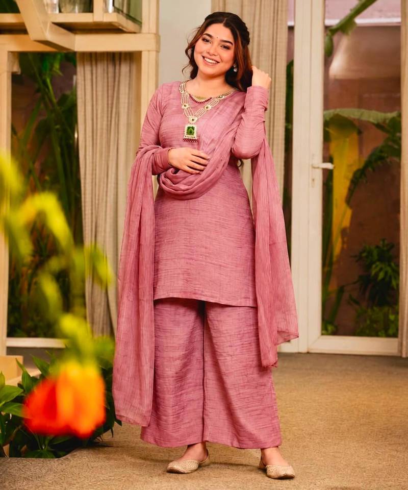 Pink silk blend embroidered palazzo set