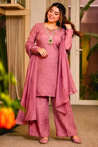 Pink silk blend embroidered palazzo set