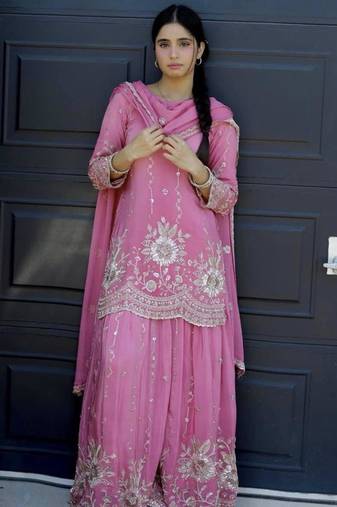 Pink silk blend embroidered palazzo set