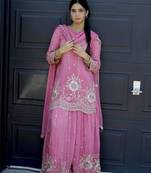 Pink silk blend embroidered palazzo set