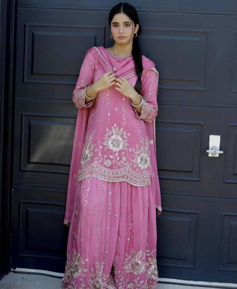 Pink silk blend embroidered palazzo set