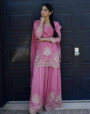 Pink silk blend embroidered palazzo set 2
