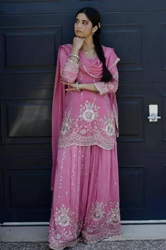 Pink silk blend embroidered palazzo set