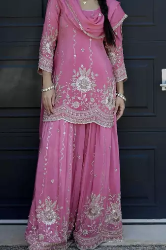 Pink silk blend embroidered palazzo set