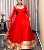 Red silk blend embroidered flared gown set