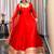Red silk blend embroidered flared gown set
