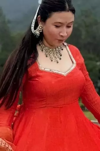 Red silk blend embroidered flared gown set