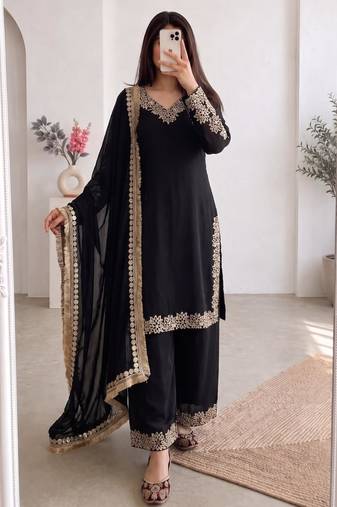 Black silk blend embroidered palazzo set