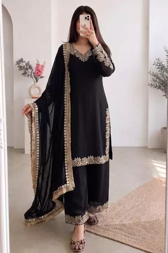 Black silk blend embroidered palazzo set