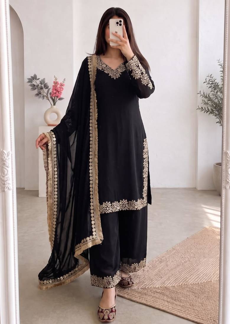 Black silk blend embroidered palazzo set
