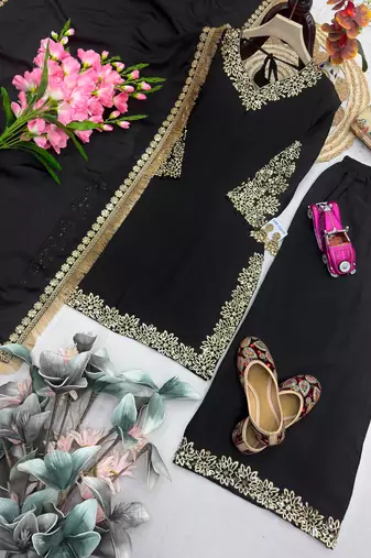 Black silk blend embroidered palazzo set