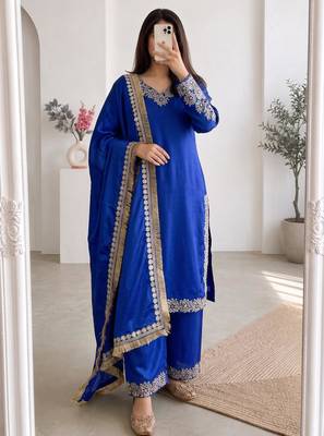 Royal-blue silk blend embroidered palazzo set 1