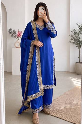 Royal-blue silk blend embroidered palazzo set