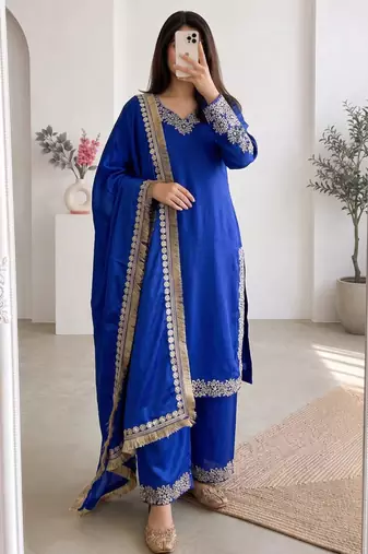 Royal-blue silk blend embroidered palazzo set