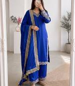 Royal-blue silk blend embroidered palazzo set