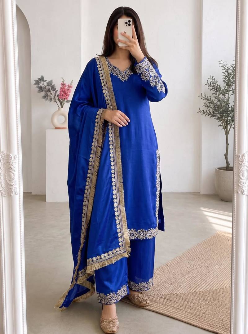 Royal-blue silk blend embroidered palazzo set