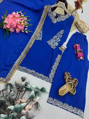 Royal-blue silk blend embroidered palazzo set 2