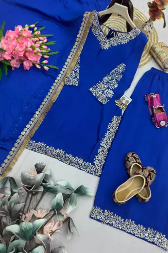 Royal-blue silk blend embroidered palazzo set