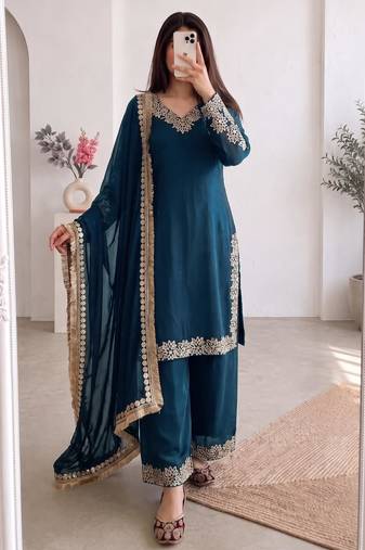 Teal silk blend embroidered palazzo set
