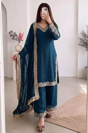 Teal silk blend embroidered palazzo set