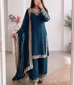 Teal silk blend embroidered palazzo set