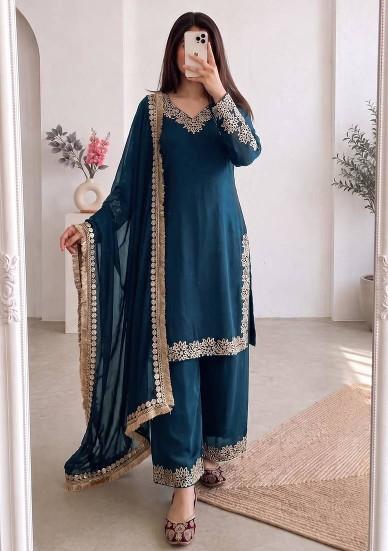 Teal silk blend embroidered palazzo set