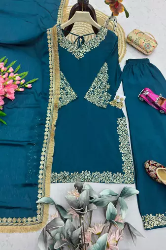 Teal silk blend embroidered palazzo set