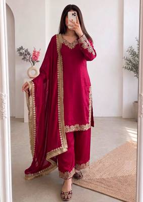 Red silk blend embroidered palazzo set 1