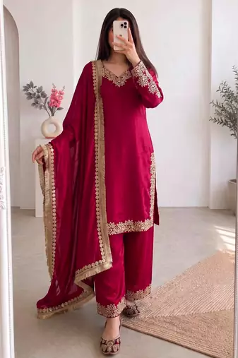 Red silk blend embroidered palazzo set
