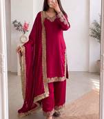 Red silk blend embroidered palazzo set