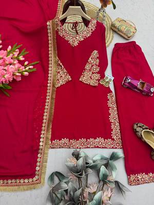 Red silk blend embroidered palazzo set 2