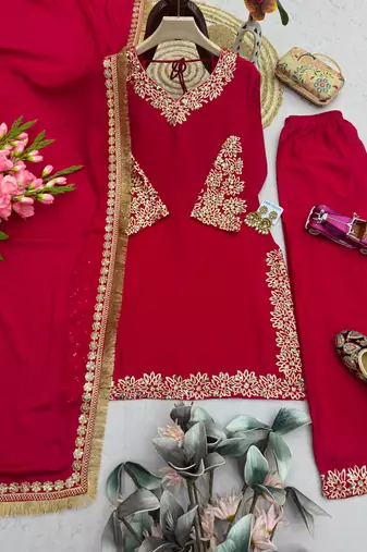Red silk blend embroidered palazzo set