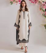 Off-white silk blend embroidered kurta set